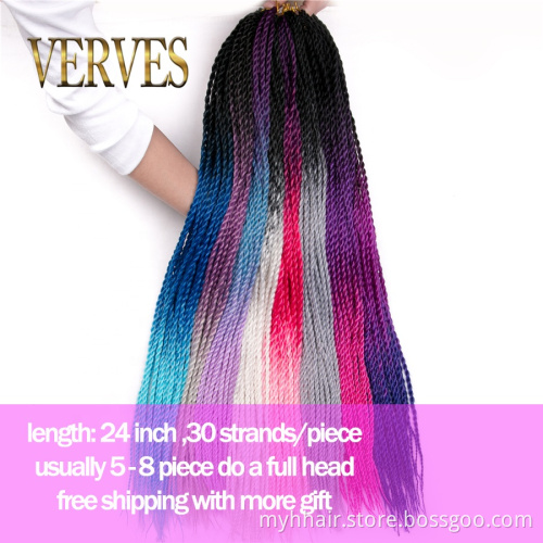 10 Piece Grey,Blue,Pink,Brown Ombre Senegalese Twist Crochet Braids 24 Inch 30 Roots/Pack Synthetic Hair for Women
